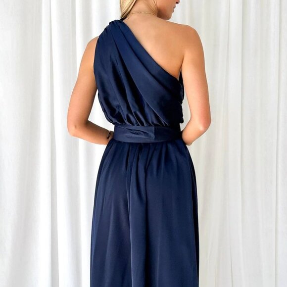 Ruched Single Shoulder Sleeveless Dress | Evening Belted Maxi Dress - Picture 7 of 9